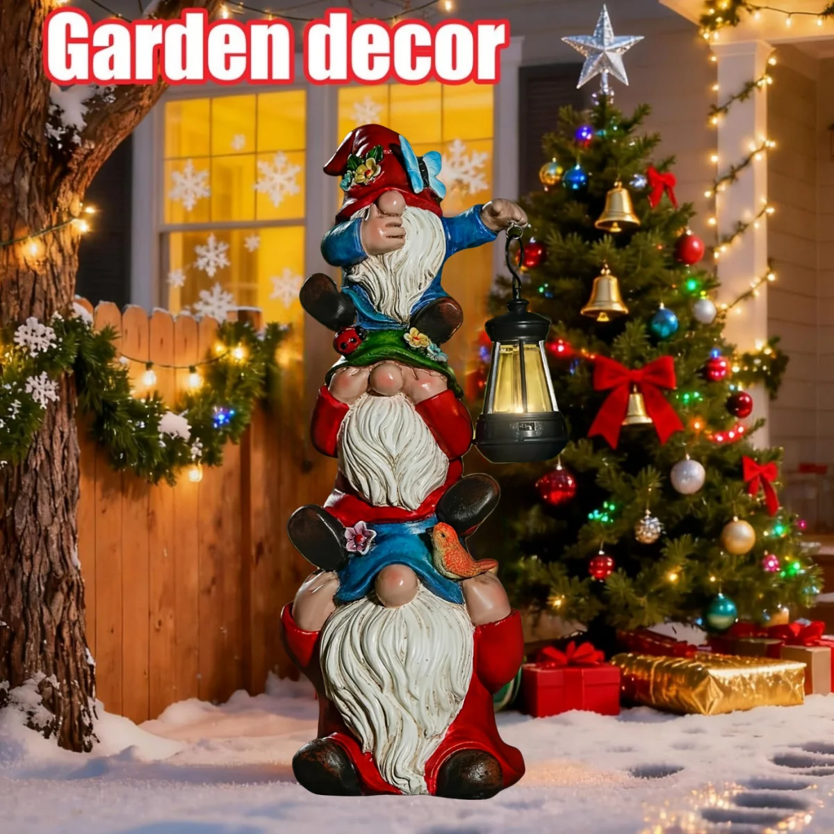 Christmas Outdoor Garden Solar Statue Lights Resin Triple Stack Elf Gnome Statues Funny Outdoor Decor for Patio Lawn Yard