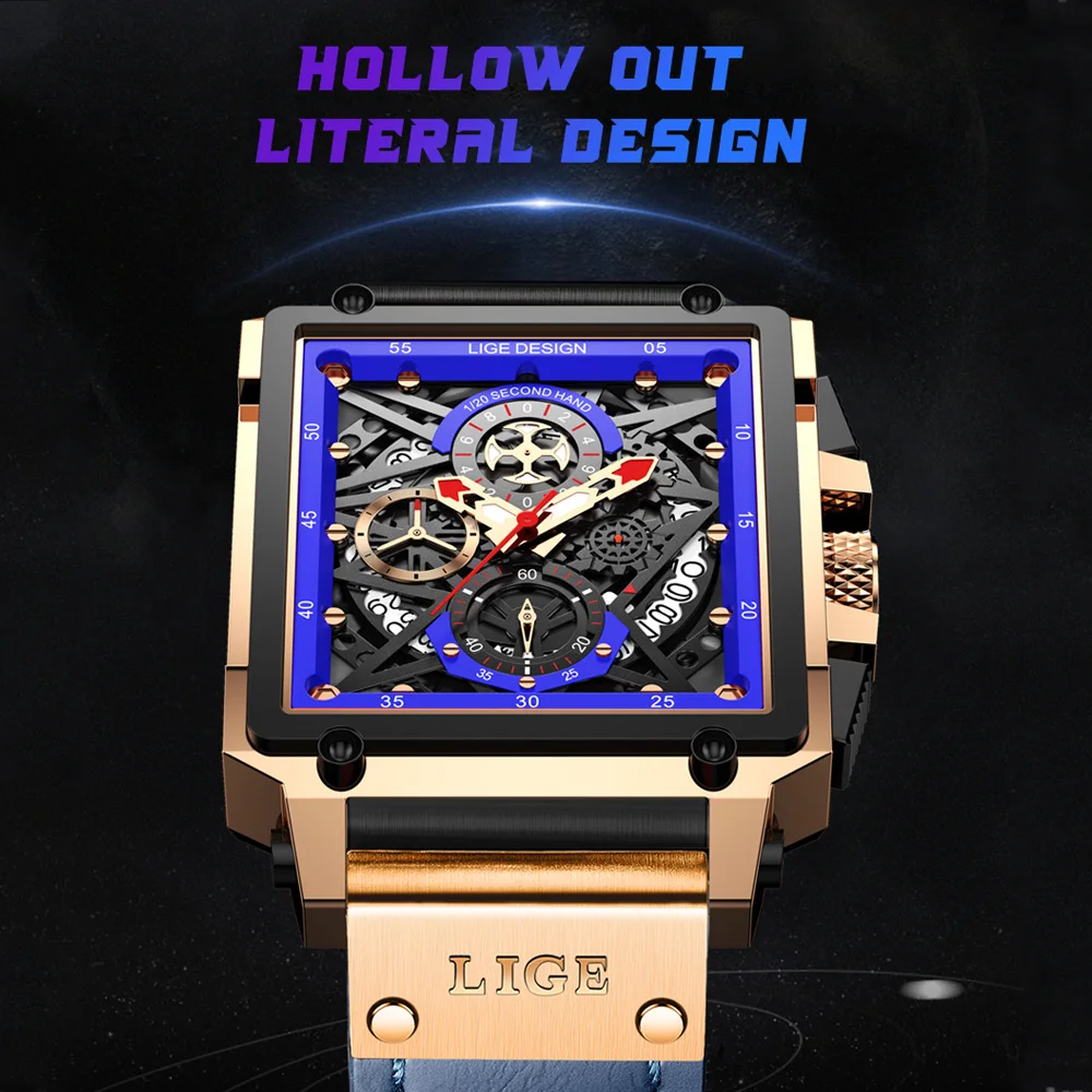 2024 New LIGE Men Watches Top Brand Luxury Hollow Square Sport Watch For Men Fashion Leather Strap Waterproof Quartz WristWatch