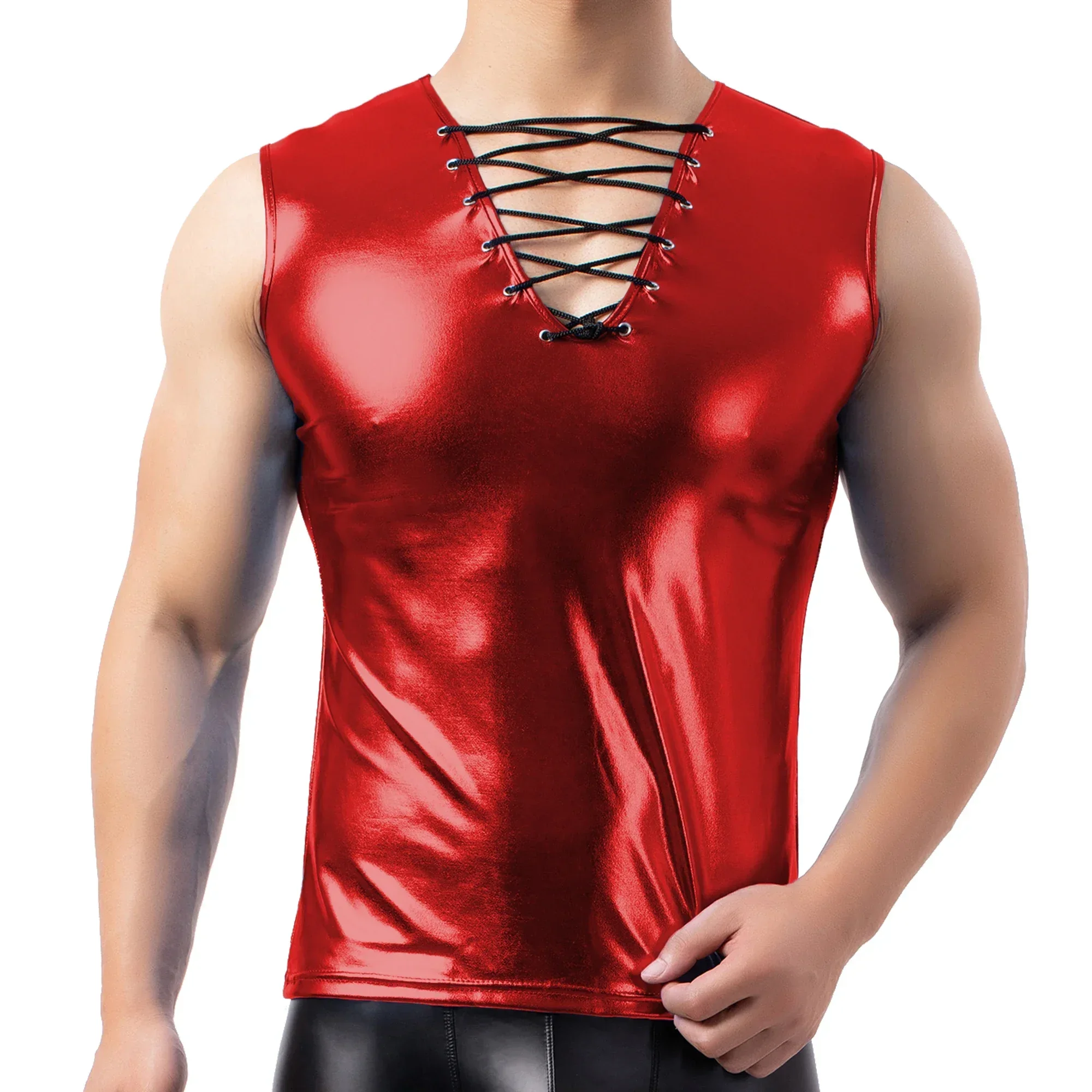 Sexy Men Tank Top Shiny Faux Leather V-neck Lace-up Tank Top Slim Sleeveless Tight Shirts Vest Metallic Nightclub Stage Clubwear