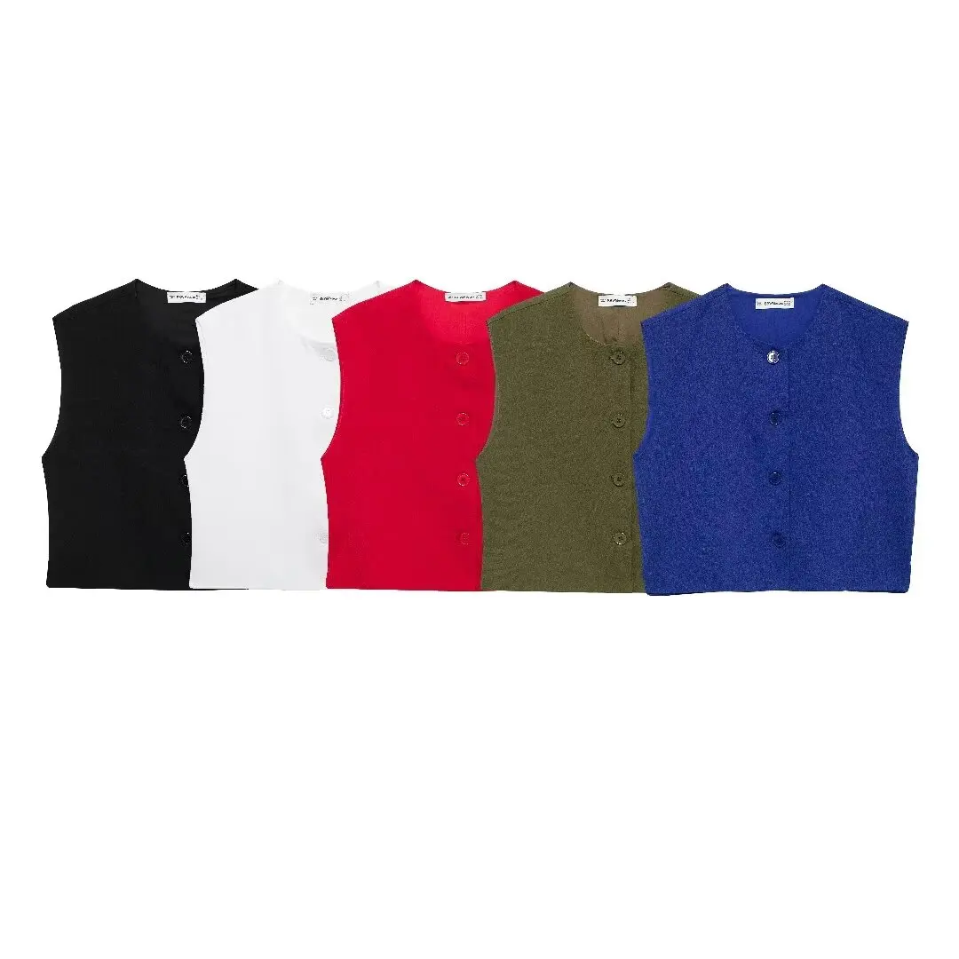 Gilet court multicolore à col rond pour femme, style rétro, haut tricoté, sans manches, boutonné, chic, nouvelle mode, 2024