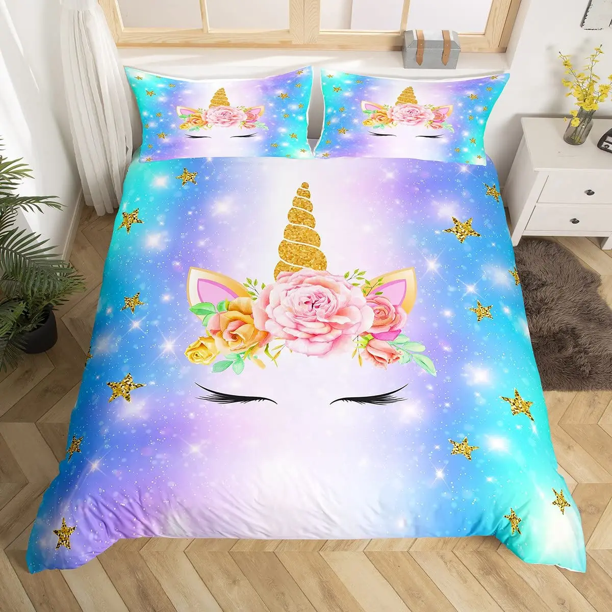 

Girls Cute Unicorn Duvet Cover Set Cartoon Animal Bedding Set Microfiber Floral Star Quilt Cover Twin King For Kids Teens Room