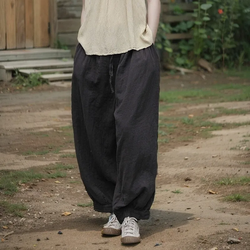 Spodnie UMI MAO Wiosna Jesień Nowe Miękkie Wygodne Luźny Krój Artystyczne Proste Czesana Bawełna Tekstura Szerokie Nogawki Damskie