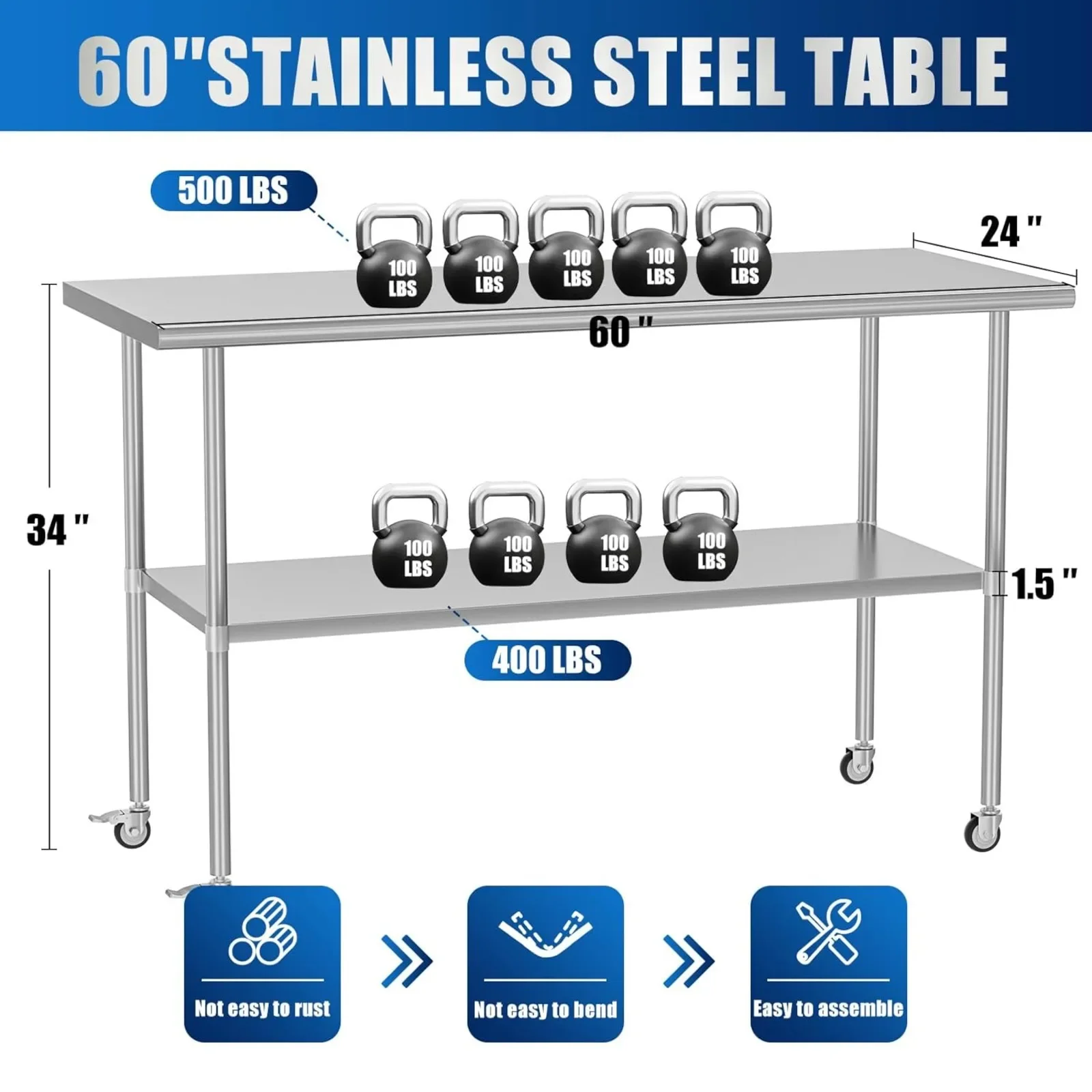 US Stainless Steel Table with Wheels 30 x 60 Inches Metal Prep T