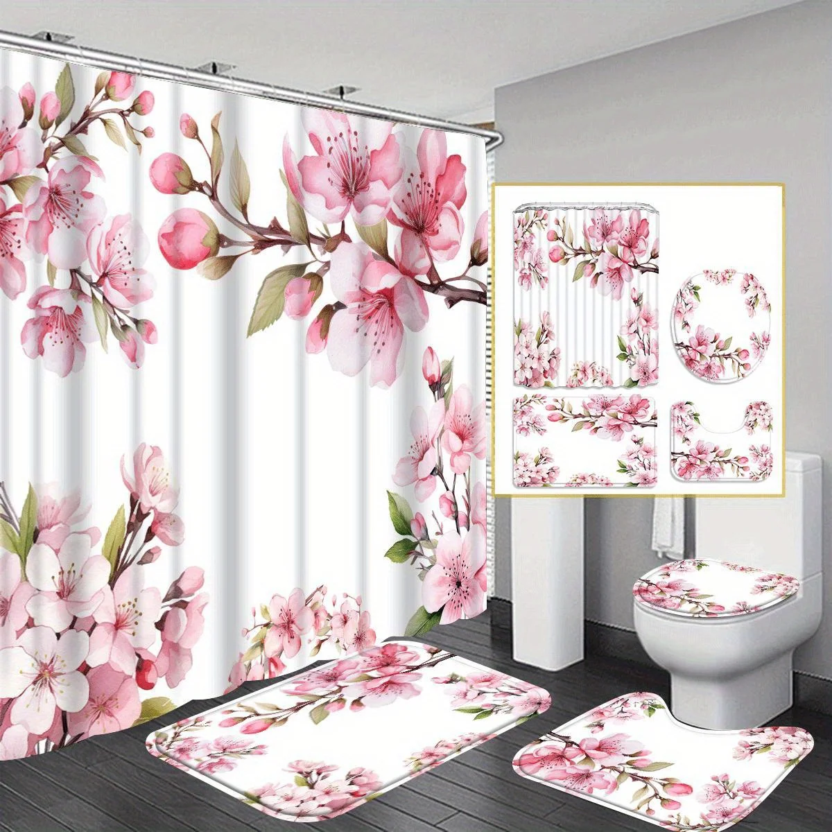 

４pc Valentine's Day pink cherry blossom bathroom set, shower curtain, non-slip mat, U-shaped toilet mat, toilet seat
