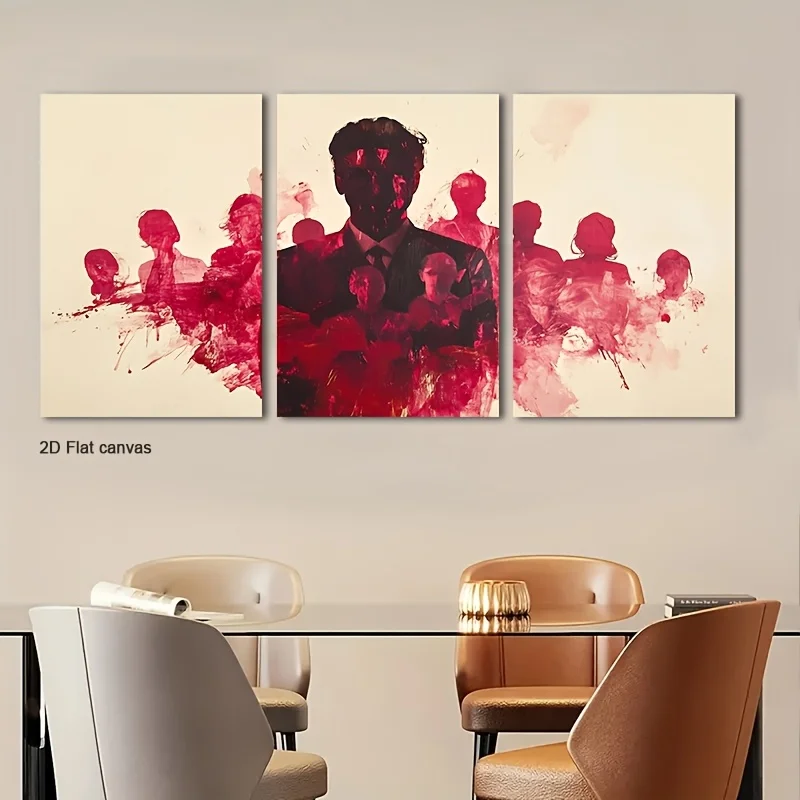 Frameless canvas 3pcs  Red Ink Figure Silhouette Wall Art - Modern Abstract Minimalist Human Profiles, Wrapped Canvas Paintin
