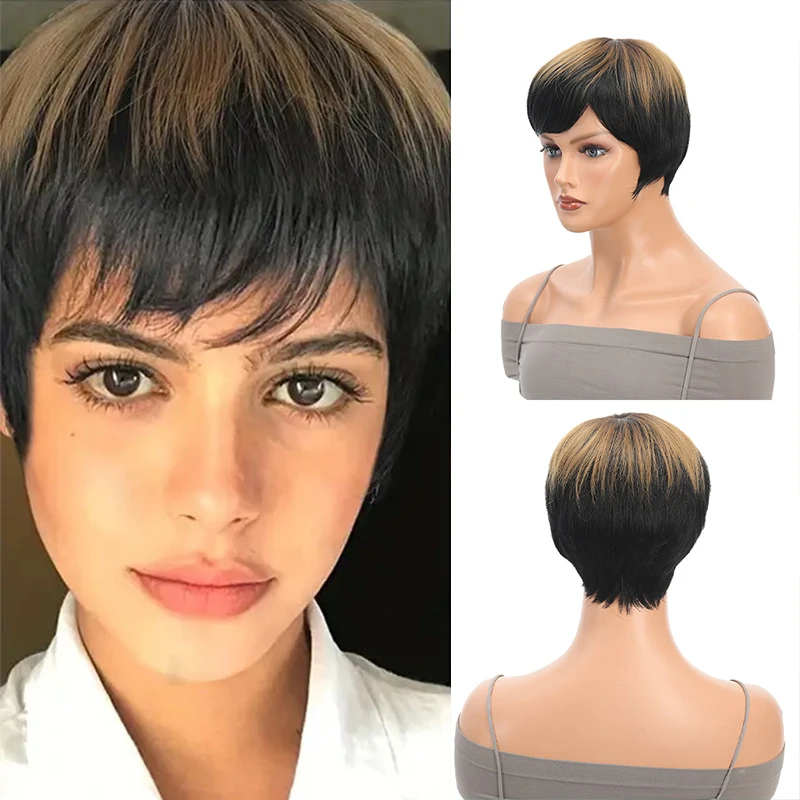 

Short Pixie Cut Synthetic Wig With Bangs Short Bob Dark Black Straight Wig for Women Afro Party Daily Cosplay Use
