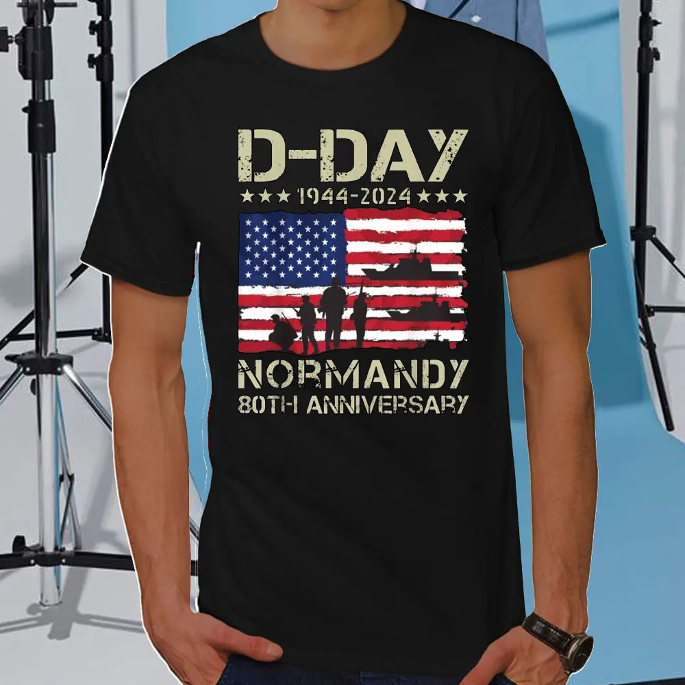 D-Day Normandy Landing 80Th Tshirt 1944-2024 Anniversary Patriotic Flag Black Cotton T-Shirt XS-3Xl Fashion Men Tee-Shirt