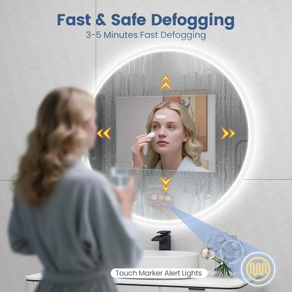 Espejo de baño LED redondo montado en la pared con antiniebla, altavoz Bluetooth, temperatura de 3 colores, brillo regulable, Te impermeable