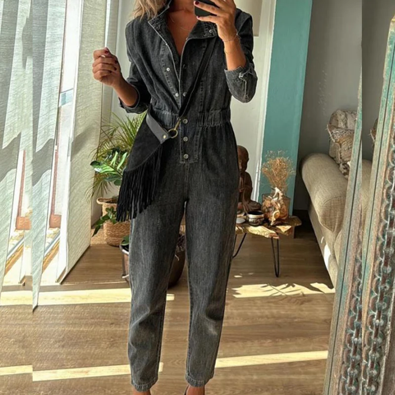 New 2024 Fall Casual O Neck Pocket Denim Playsuit Retro Long Sleeved Slim Romper Fashion Streetwear Elastic Waist Women Jumpsuit