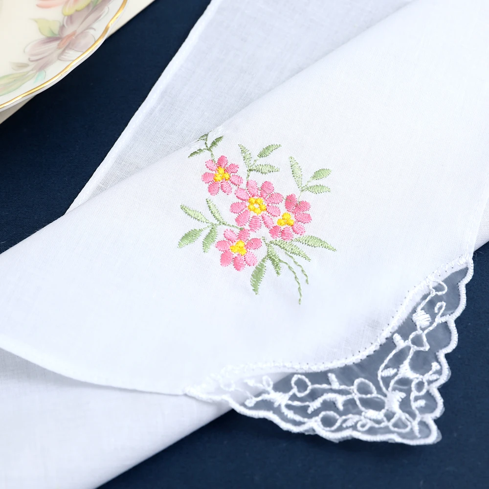 12 Pack of Women's Elegant Lace Embroidered Handkerchiefs, Pure Cotton Handkerchiefs, Thin and Soft, Wedding Season Bridal
