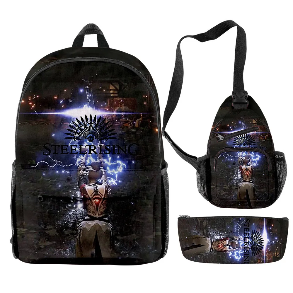 Hip Hop juvenil divertido Steelrising 3 unids/set mochila impresión 3D mochila para ordenador portátil mochilas bolsas de pecho estuche para lápices