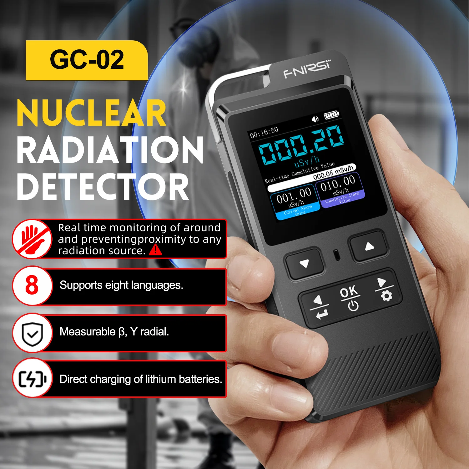 GC-02 Digital Geiger Counter Nuclear Radiation Detector γ-ray β-ray Radioactive Tester Tool Rechargeable Radioactive Dose Tester