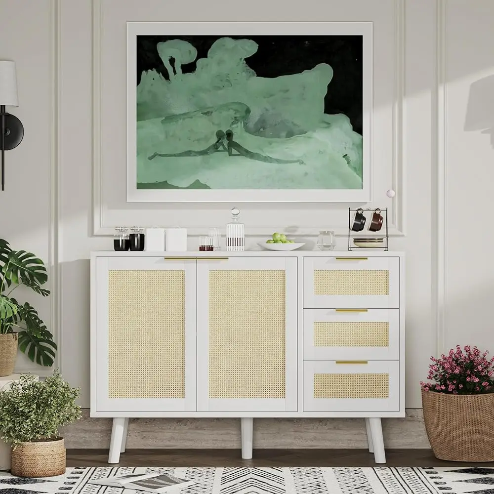 

Rattan Kitchen Buffet Cabinet With 2 Doors 3 Shelves, Sideboard With Storage, Accent Cabinet For Kitchen, Dining Room, Hallway,