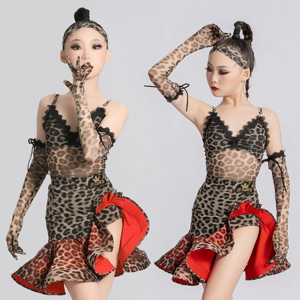 

girls american dance ballroom latin leopard print top skirt dress rumba cha cha samba tango costume competition practice kids