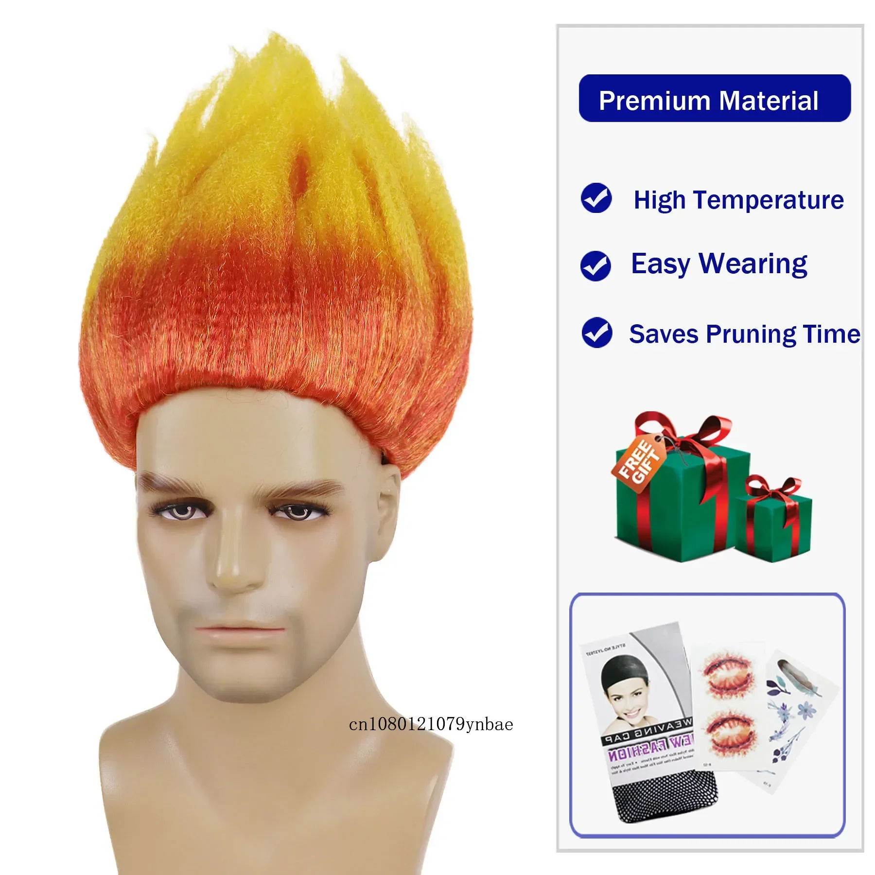 Synthetic Orange and Yellow Fire Wigs with Necktie Set Short Anime Cosplay Wig for Men Halloween Carnival Party Costume Use