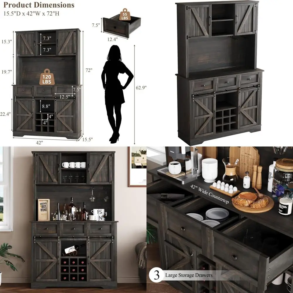 

Rustic Oak 72 Coffee Bar Cabinet with Sliding Door, Wine Racks & Storage Hutch