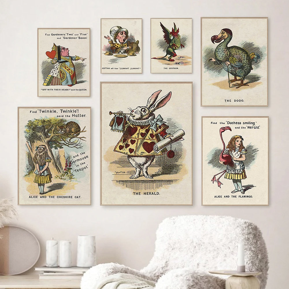 Retro Canvas Painting Wall Art Girl The Gryphon Rabbit Queen Poster Vintage Alice In Wonderland Posters and Prints Room Decor