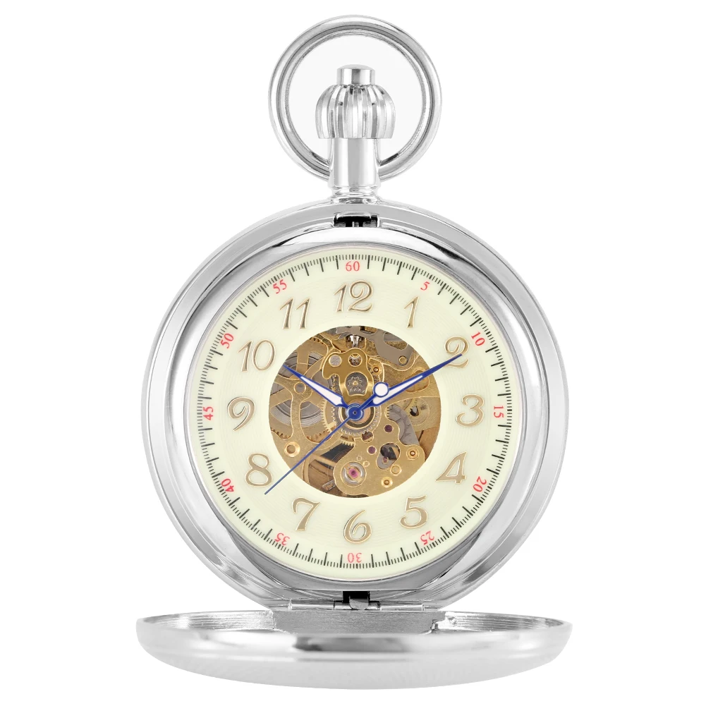 Retro Luxury Copper Mechanical Self-Winding Pocket Watch with Arabic Numerals Dial Fob Chain Flower Pattern Pendant Clock Gift