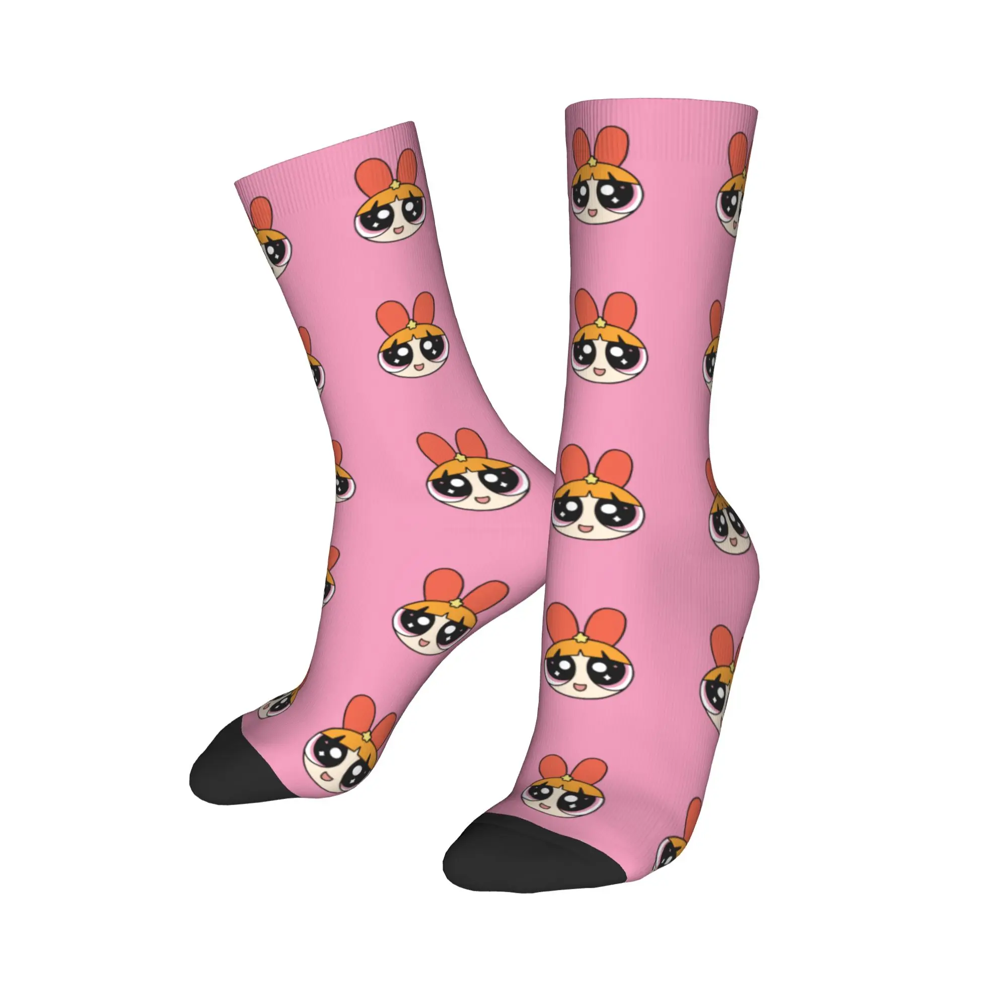 Retro P-Powerpuffs Girl Cartoon Skateboard Socks Blossom Polyester Middle Tube Socks for Women Men Sweat Absorbing