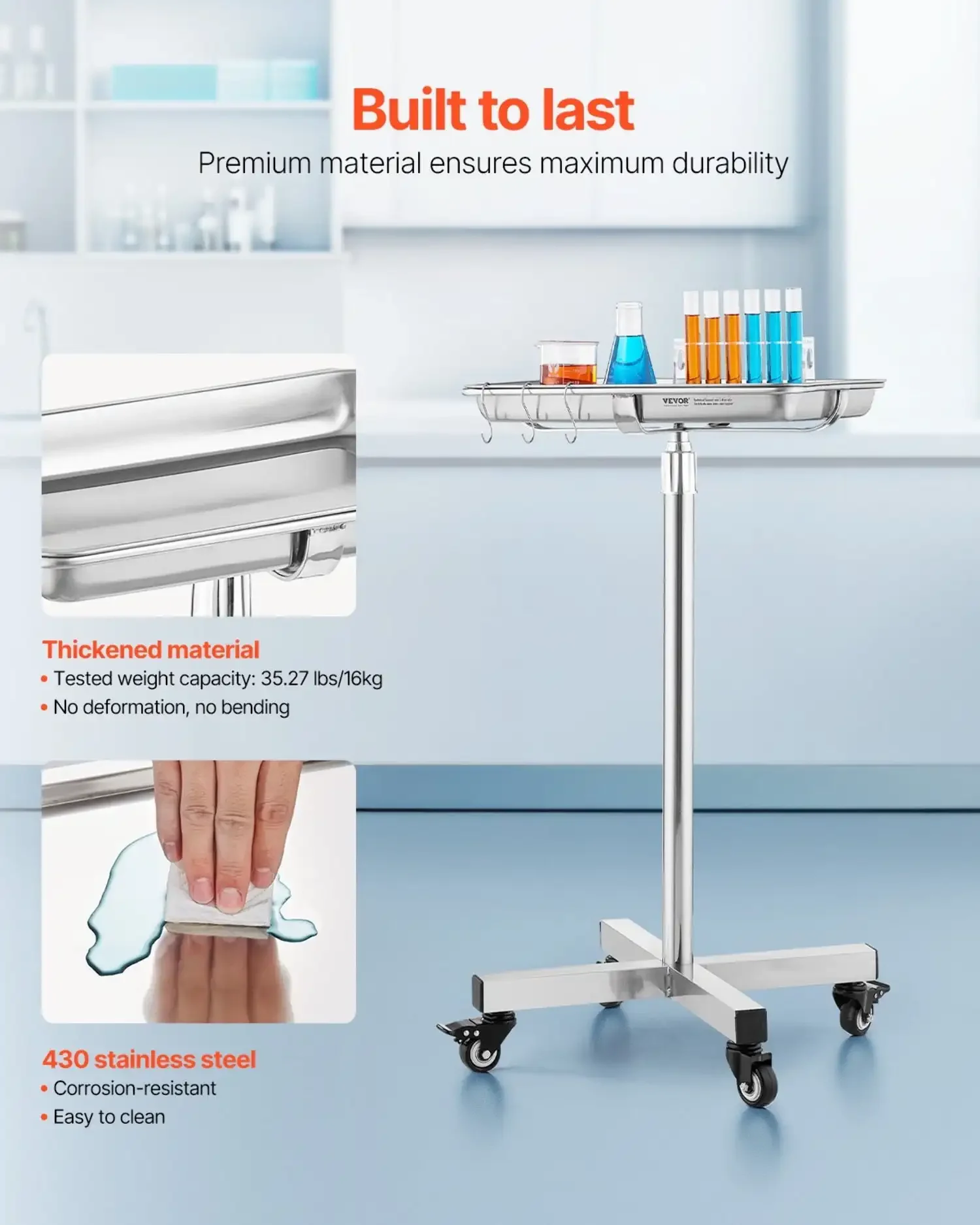 

Мобильная подставка для майо, поднос для майо из нержавеющей стали 25,2–39,8 дюйма со съемным подносом