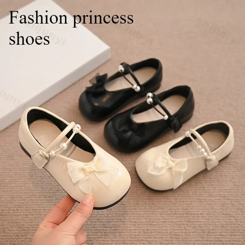 Kids Princess Shoes Girls Fashion PU Leather Shoes 2025 Spring New Children's Cute Bowknot Ballet Flats Pearl Soft Soled Shoes