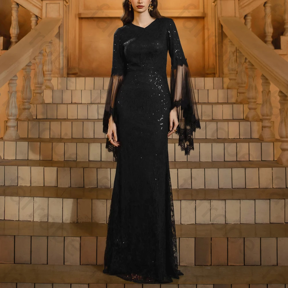 

Customized Black Mesh Sleeves Mermaid Evening Dresses Elegant Celebrity Dress Exquisite High Quality Prom Party Gowns for Women