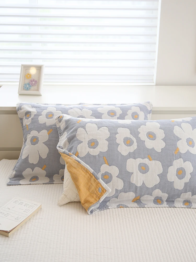 Pure Cotton Pillowcase Thickened Four-layer Gauze Anti-slip Sweat Absorbent Single Person Pillow Towel Small Flower Pattern