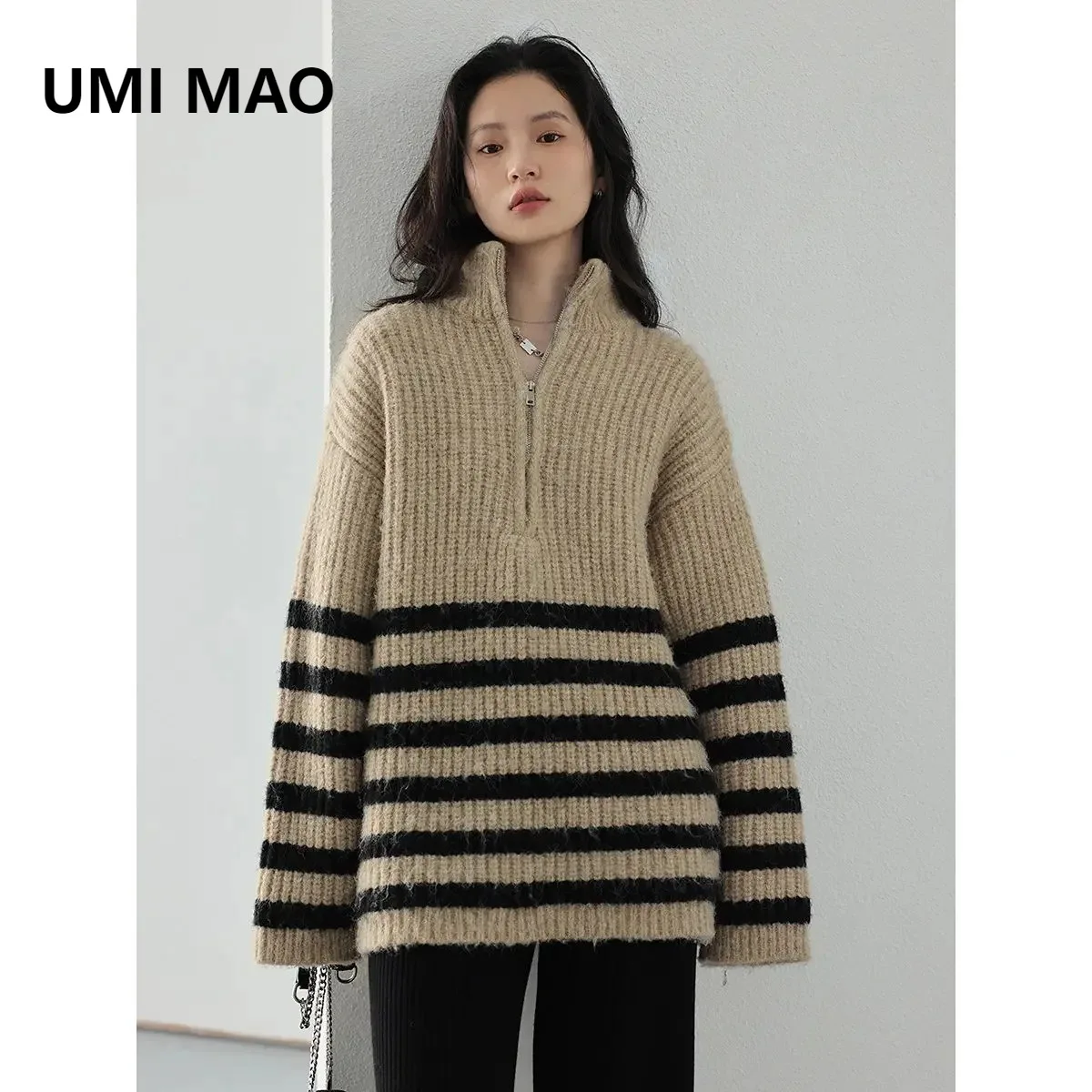

UMI MAO женские свитера, водолазка на молнии, джемперы в контрастную полоску, утепленные пуловеры, теплое женское пальто, осень-зима