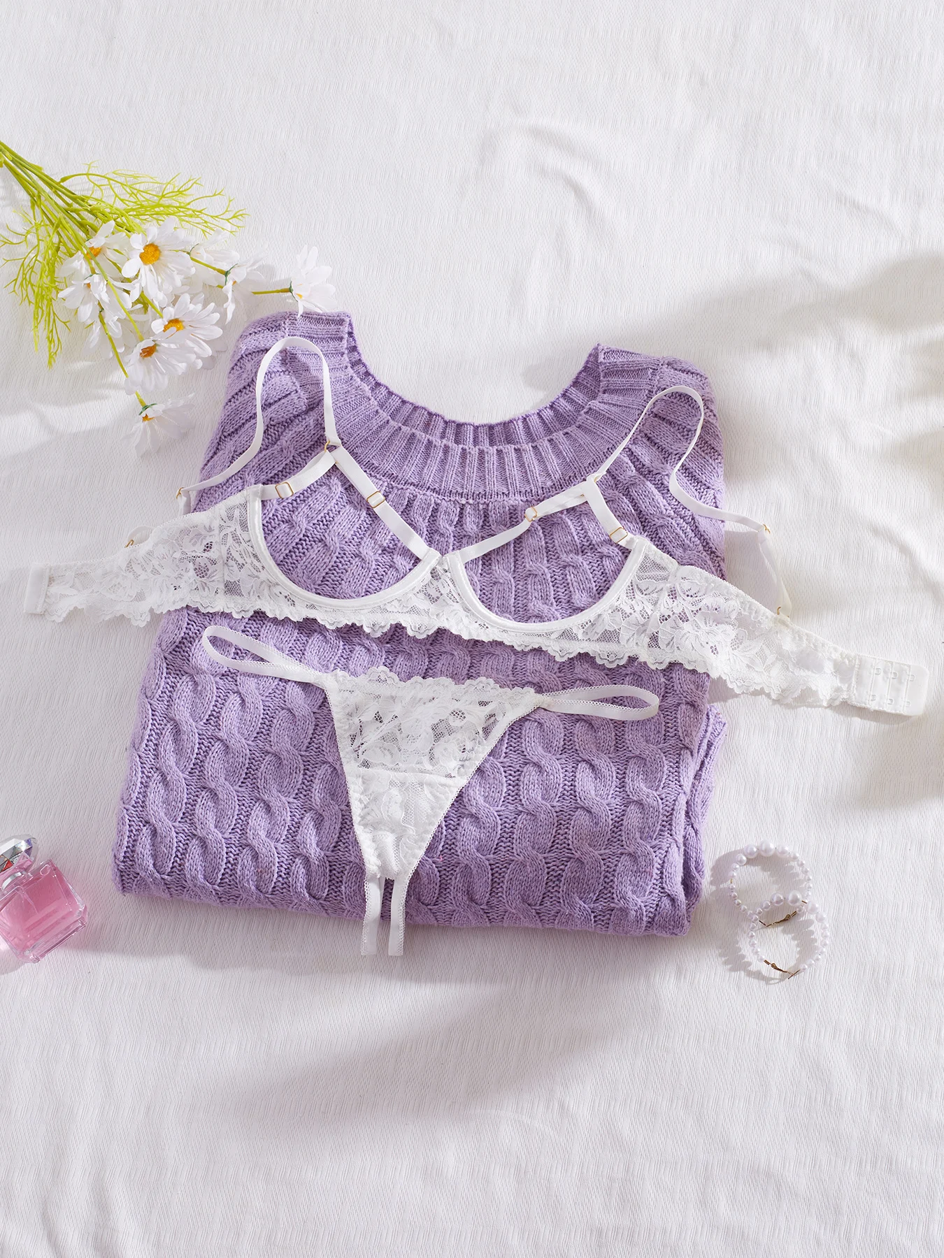 

Hot selling sexy lingerie set with no take off hollow out pure desire girl style lace Christmas lingerie