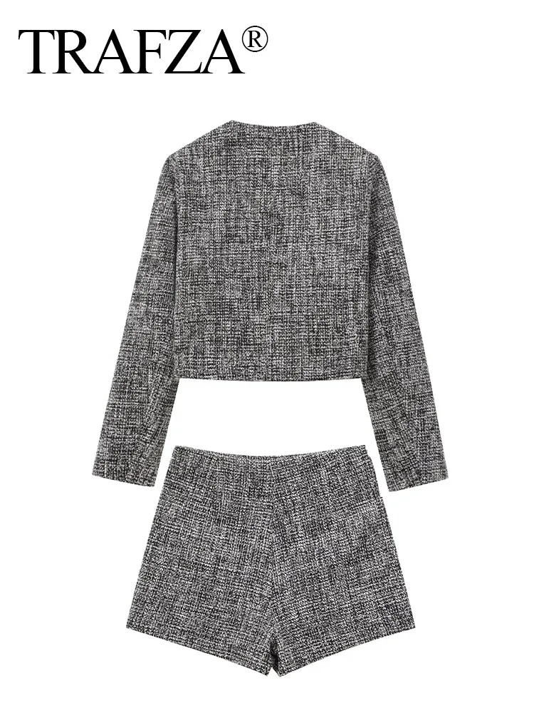 TRAFZA eleganckie damskie Plaid jednorzędowe kieszonkowe manekiny udekoruj casualowa kurtka płaszcz + zamek błyskawiczny z wysokim stanem Mini