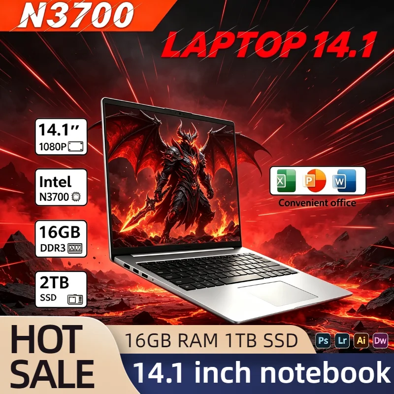 Intel N3700 NEW 14.1 Inch Notebook 16GB DDR3L 2TB SSD 1920x1080 Gaming Laptop Office Study PC 4K Video Pro Max Speed