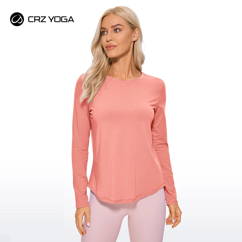 CRZ YOGA Pima bawełniane treningowe koszule z długim rękawem dla kobiet Athletic Crewneck Yoga Casual topy T-Shirt bez nadruku