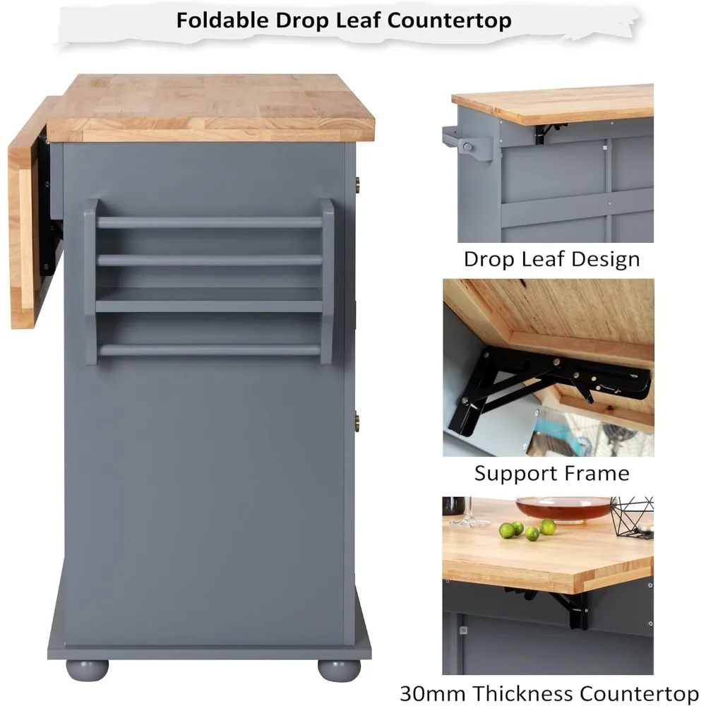 Kitchen Island Cart.Rolling Kitchen Island With Drop Leaf, Thicken Rubberwood Top, Spice Rack,Towel Rack, Drawer,43.3