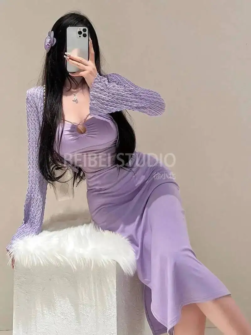 Sexy Hollow Out Suspender Dress Elegant For Women Summer Pure Desire Mesh Patchwork Long Dresses Purple Sweet Women D6SB