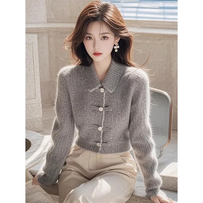 Women Autumn Winter Button Slim Solid Color Knitting Women Clothing Indie Folk Polo Collar Long Sleeve Chinese Style Sweater Top