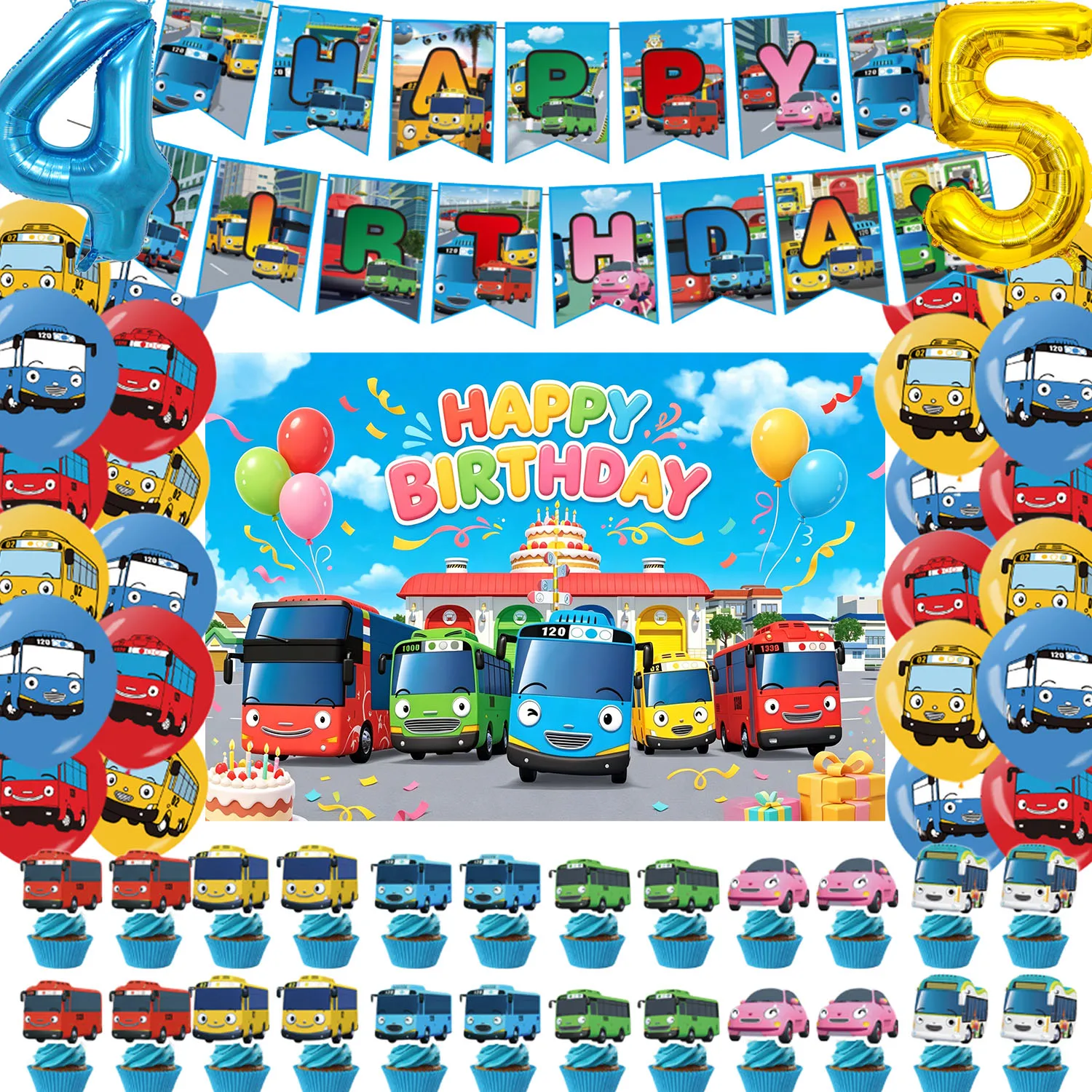 

Cartoon T-Tayo the Little Bus Birthday Party Decorations Car Balloon Banner Supplies Baby Shower Boys Girls Party Decor Set Gift