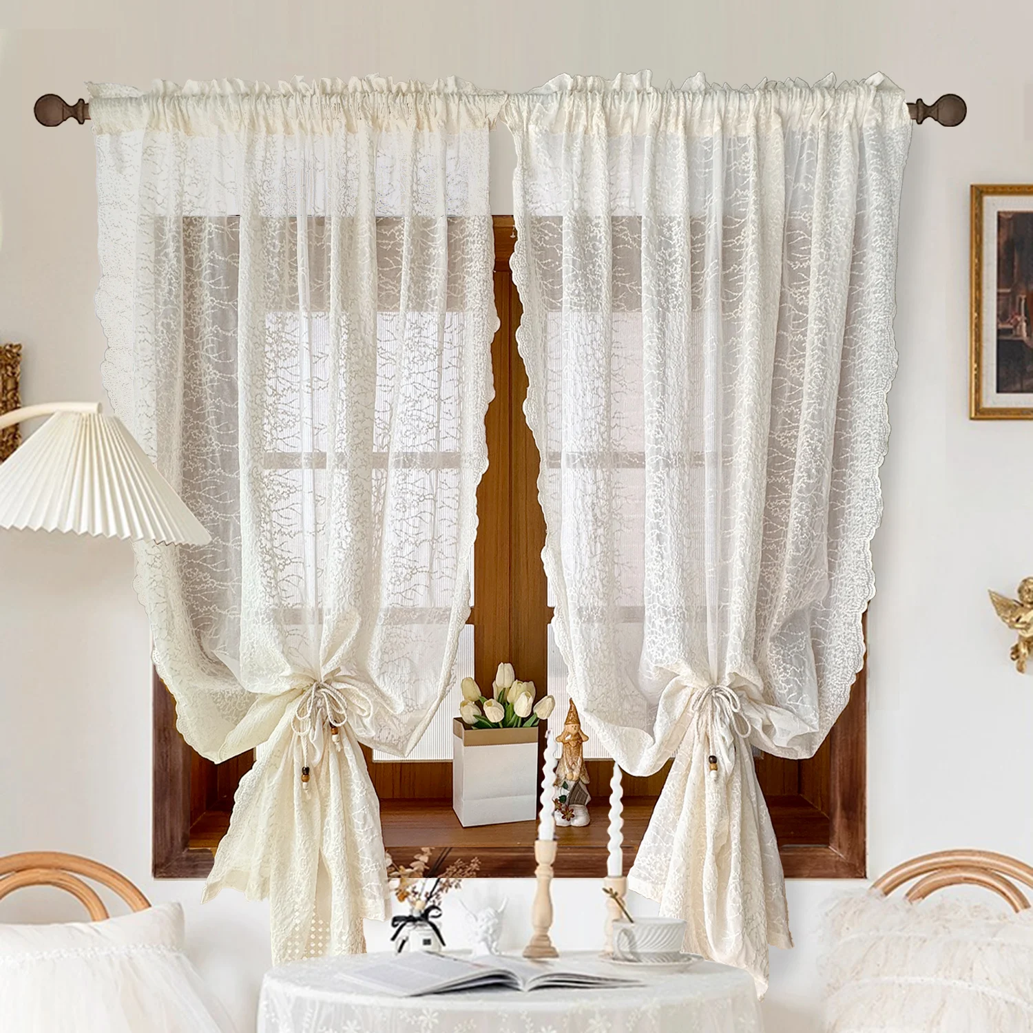 

Creamy Messy Branch Embroidery Tulle for Living Room, Sheer for Small Window,Unique Design with Wooden Beads Rope Tiebacks Decor