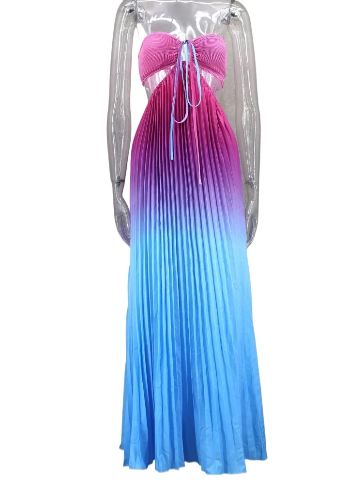 

Sexy Waist Cut Out Lace Up Top Backless Color Block Purple Blue Long Pleated Dress