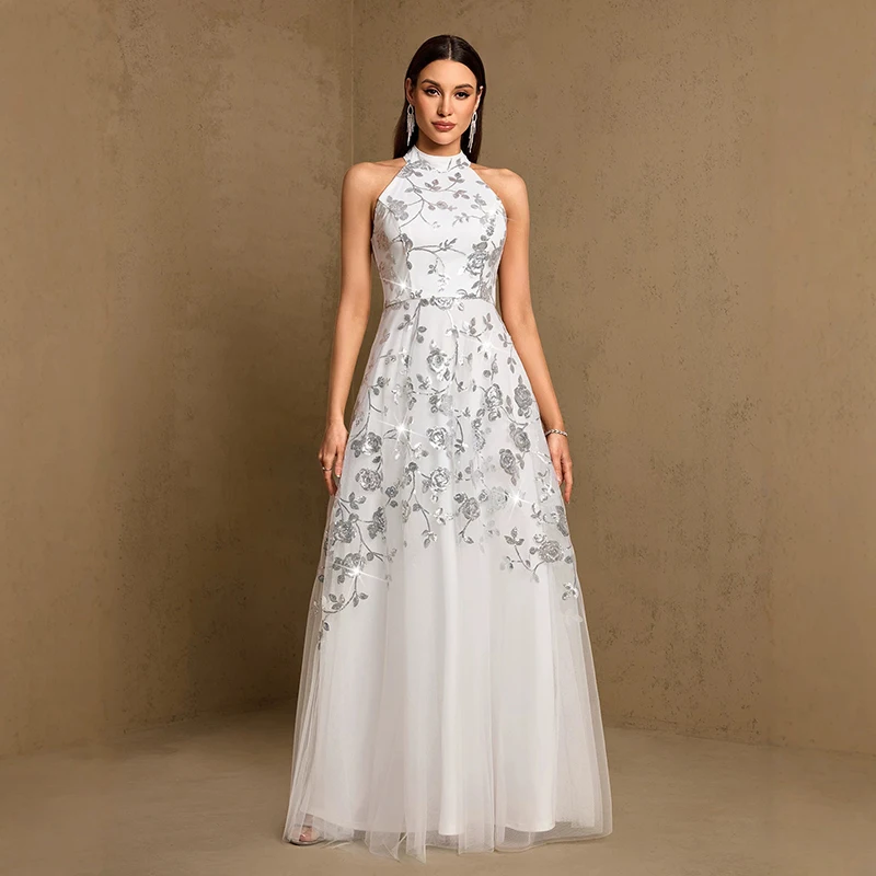 2027 Summer Women Halter White Dresses Sequined Elegant Cocktail Prom Evening Party A Line Long Dress