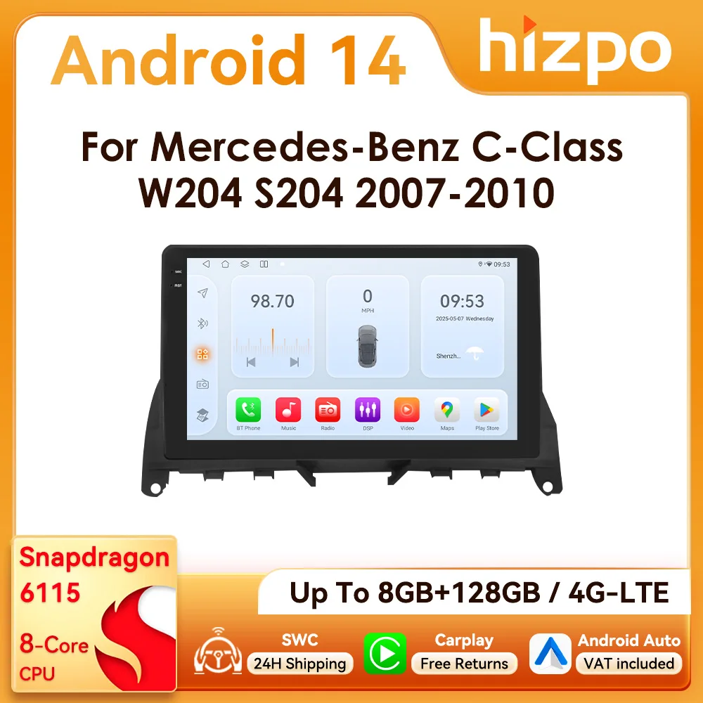9" Hizpo CarPlay 2Din Android Auto Autoradio für Mercedes Benz C-Klasse W204 S204 2007 - 2010 Snapdragon 6115 RDS DSP 4G 360CAM
