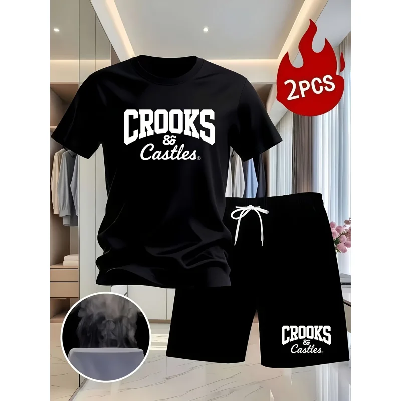 

Men's short-sleeve T-shirt and shorts set with personalized letter print "CROOKS", printed top and bottom outfit, casual style