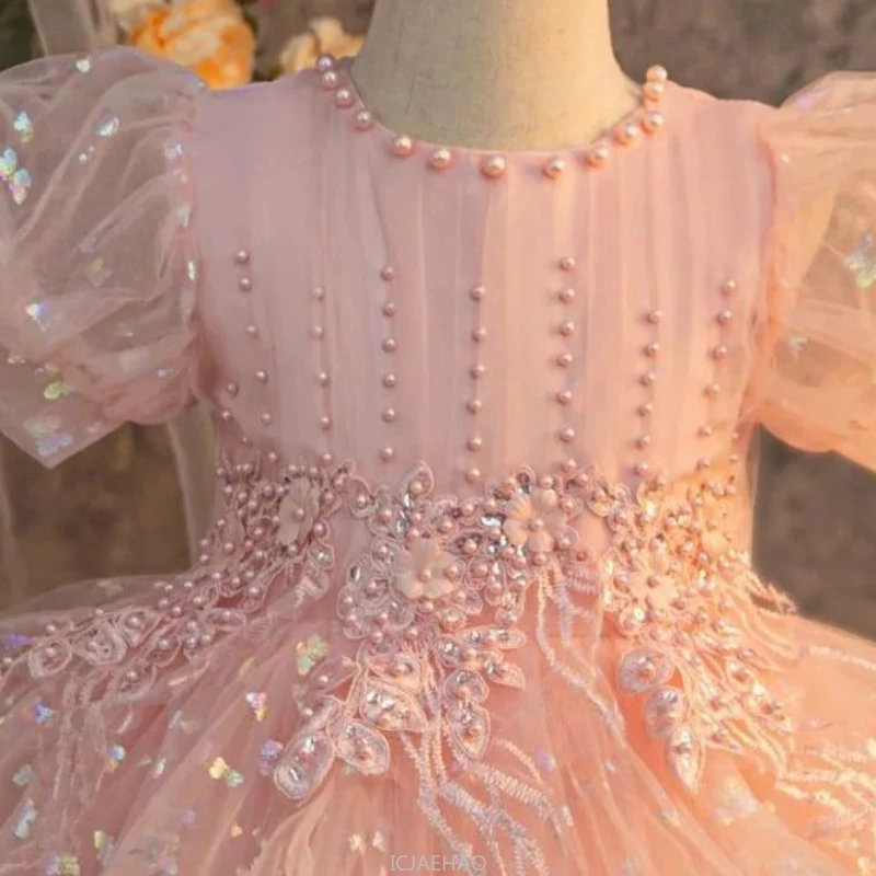 

Wed Dress 2025 Pink Kids Evening Performance Glitter Dresses New Birthday Party Clothes Gown Costume Children Stage Piano Violin