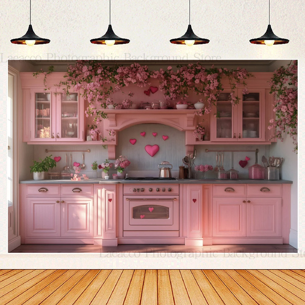 Valentine's Day Pink Kitchen Photography Background Flower Couple Portrait Wedding Birthday Party Backdrop Photo Studio Props