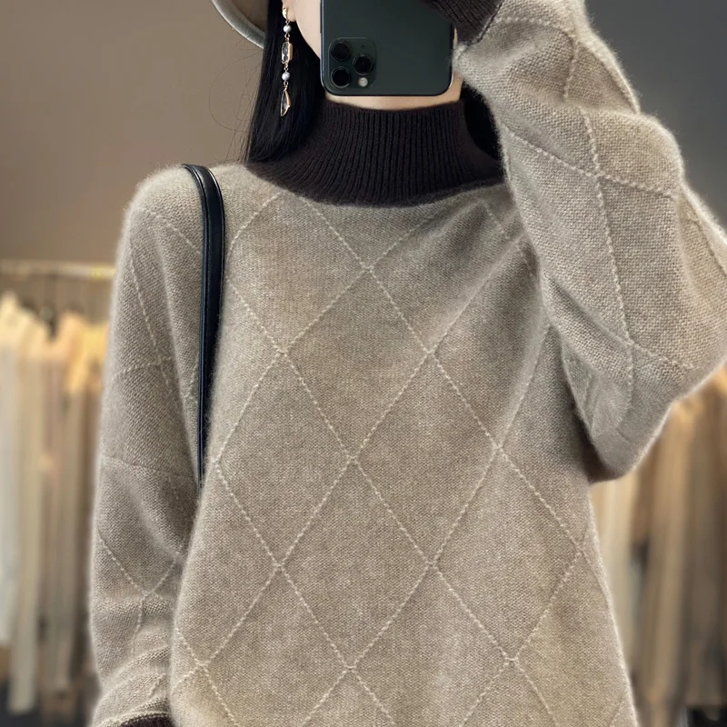 

2023 Autumn/Winter New Women's Pullover 100% Wool Cashmere Knitted Half High Neck Sweater Thickened Fashion Large Turtleneck Top