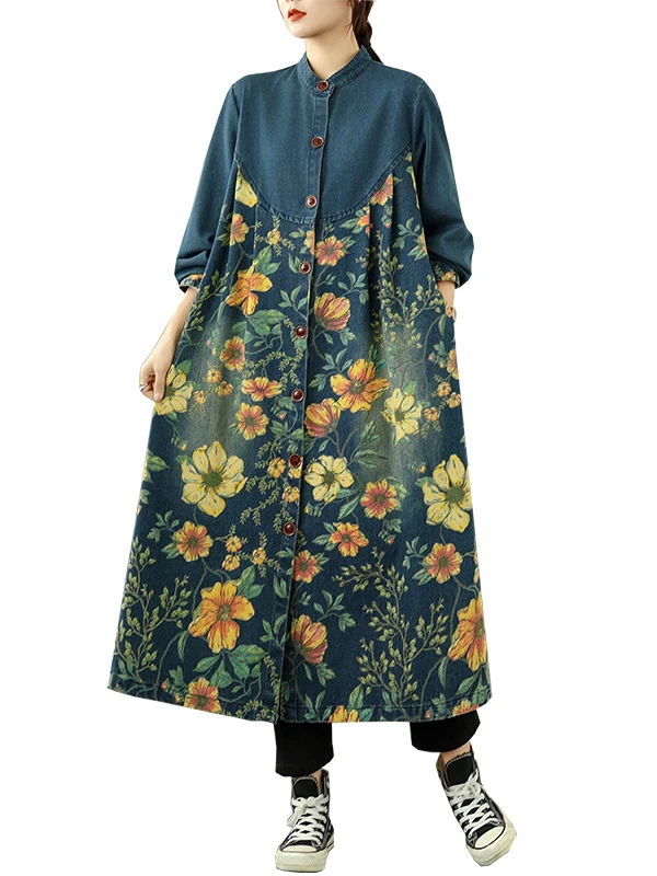 

Retro round Ne Spliced Printed Denim Jaet Women's Loose Casual Large Version Mid-Length Windbreaker Coat Autumn 2025