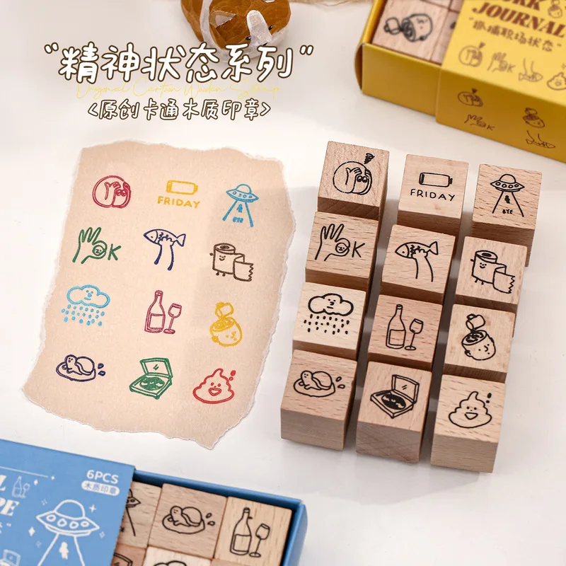 6Pcs Funny Mental State Beech Wood Stamp Set, Creative Cartoon Pattern Stamps for Diary Journaling Decor