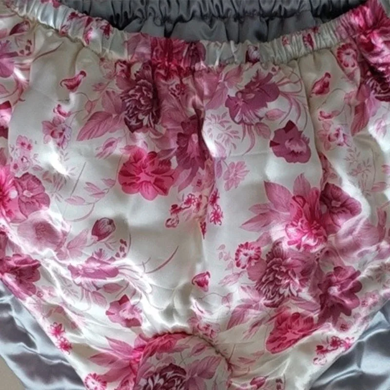 Handmade Men Silk Floral Sexy Briefs Elastic Waistband Filled Cotton Puffy Sheath Panties Silky Touch Underpants