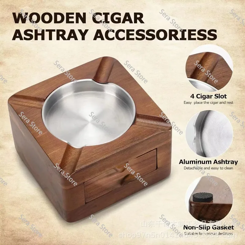 Wooden Square Cigar Ashtray with Cigar Accessories Drawer Indoor Outdoor Terrace Home Office
