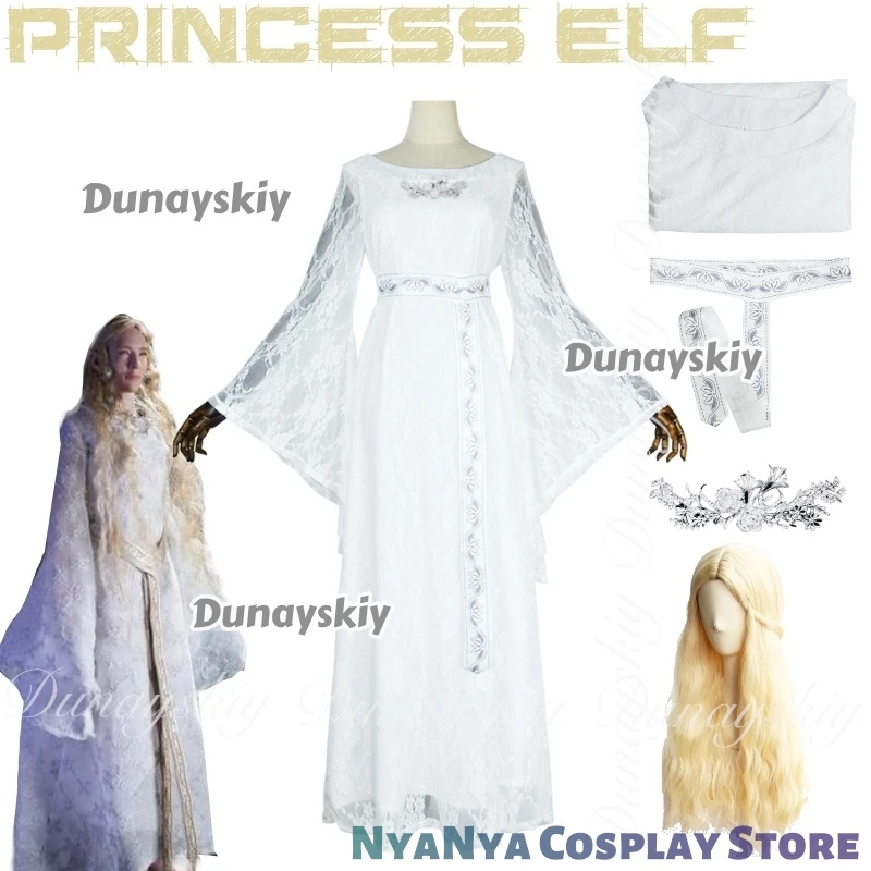The Ring King Película Princesa Elfo Cosplay con el vestido largo blanco Los elfos más potentes Helloween Cosplay ktaLleno de set