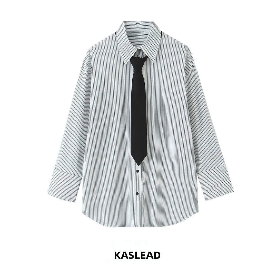 KASLEAD Faionable ample soie irt vêtements pour femmes Netie Blouse respirant doux pour la peau longue motif rayé Sve